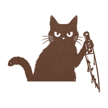 Funny Halloween cat with knife metal wall art in copper — grumpy black cat steel wall decor