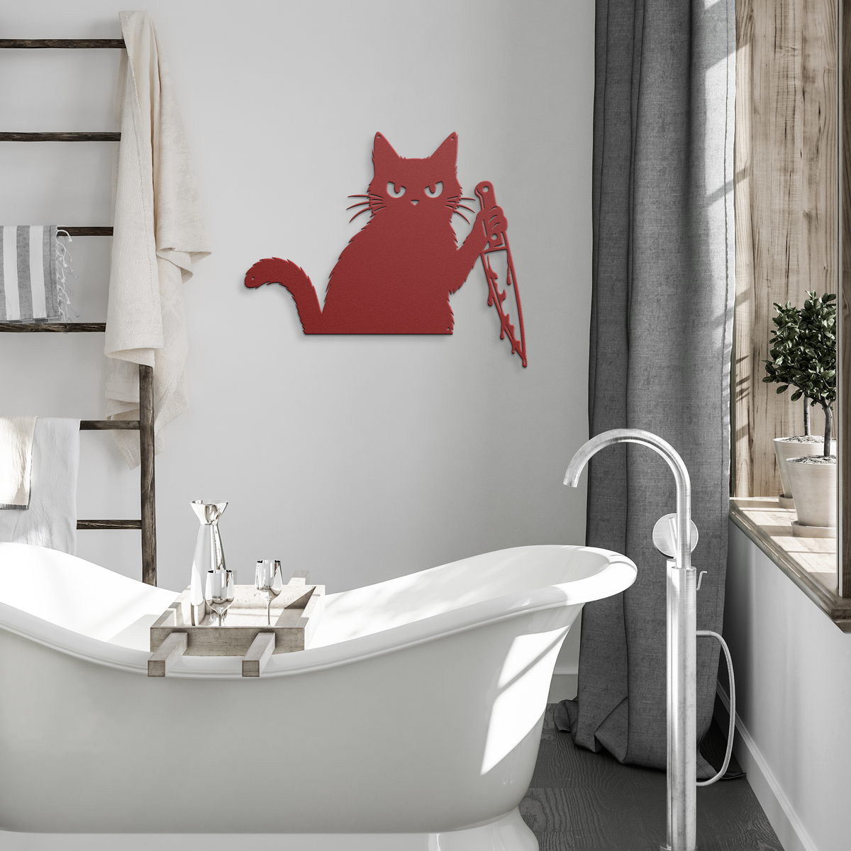 Red funny halloween cat with knife metal wall art in a modern room — grumpy black cat decor