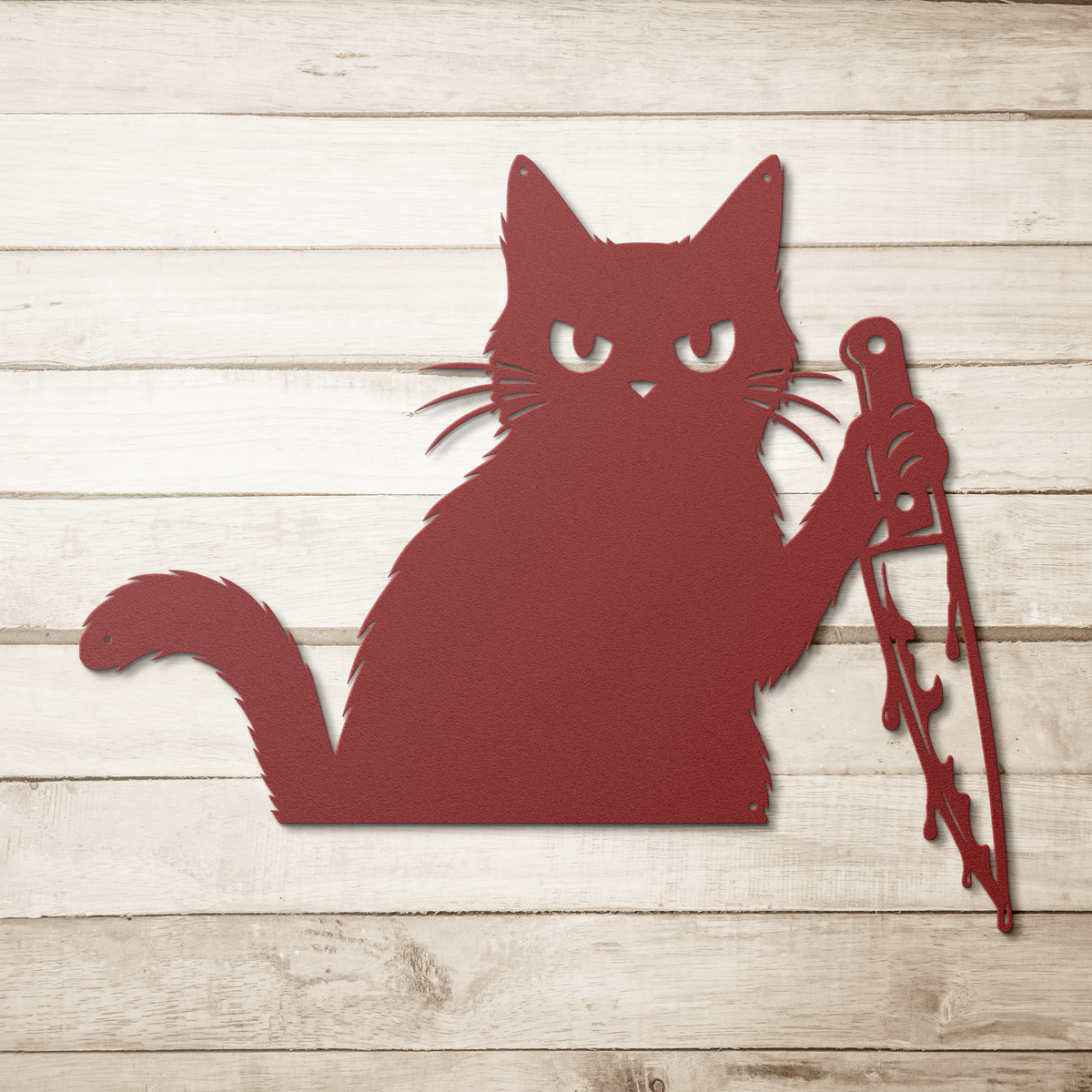 Red funny halloween cat with knife metal wall art on a wood background — grumpy black cat wall art