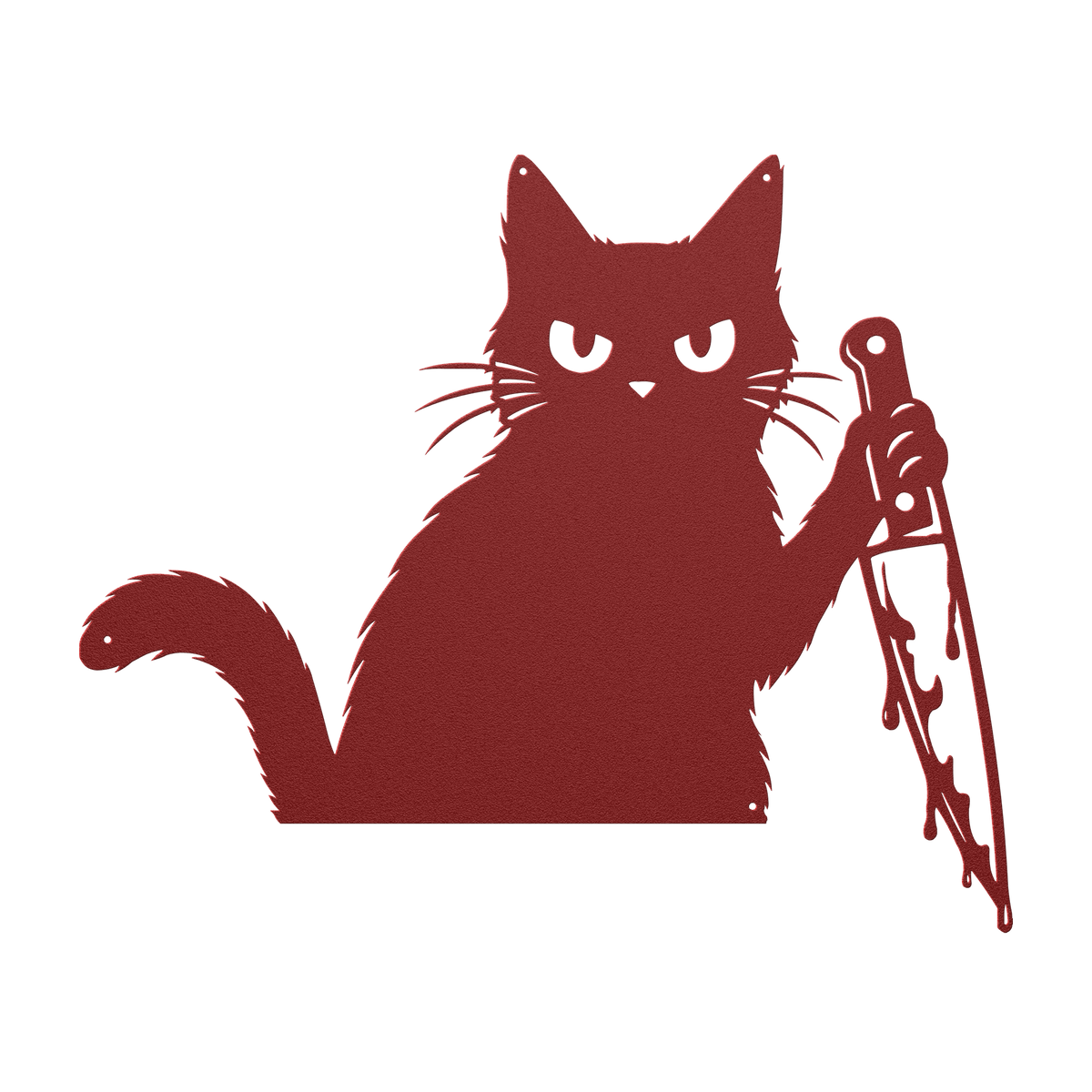 Funny Halloween cat with knife metal wall art in red — grumpy black cat steel wall decor