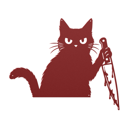 Funny Halloween cat with knife metal wall art in red — grumpy black cat steel wall decor