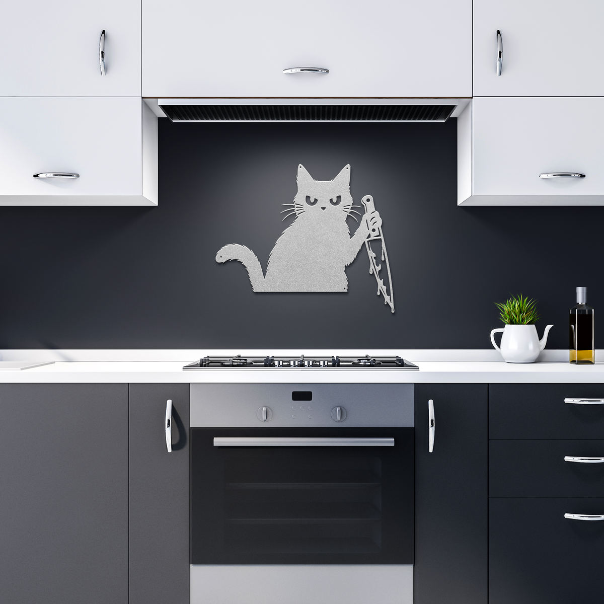 Silver funny halloween cat with knife metal wall art in a dark kitchen — grumpy black cat decor