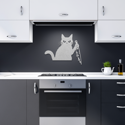 Silver funny halloween cat with knife metal wall art in a dark kitchen — grumpy black cat decor