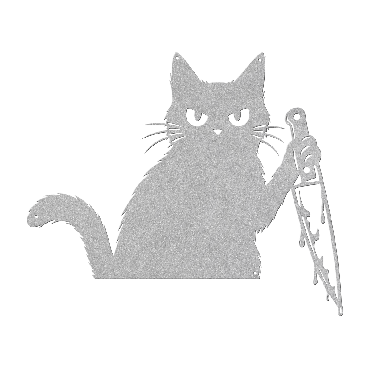 Funny Halloween cat with knife metal wall art in silver — grumpy black cat steel wall decor