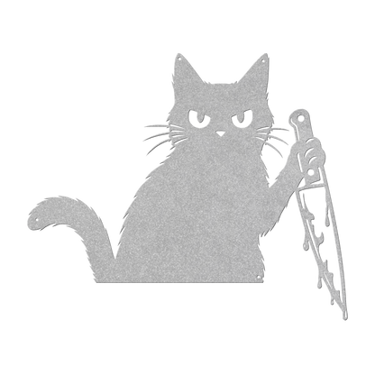Funny Halloween cat with knife metal wall art in silver — grumpy black cat steel wall decor