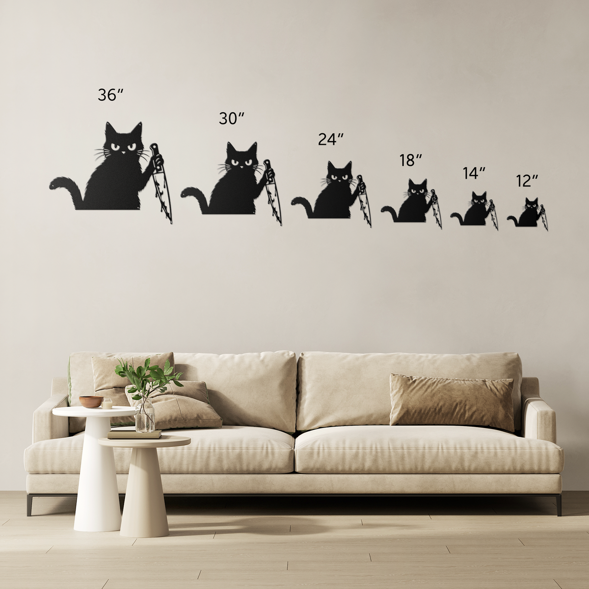 Funny Halloween cat with knife metal wall art size comparison — 12 to 36 inch options