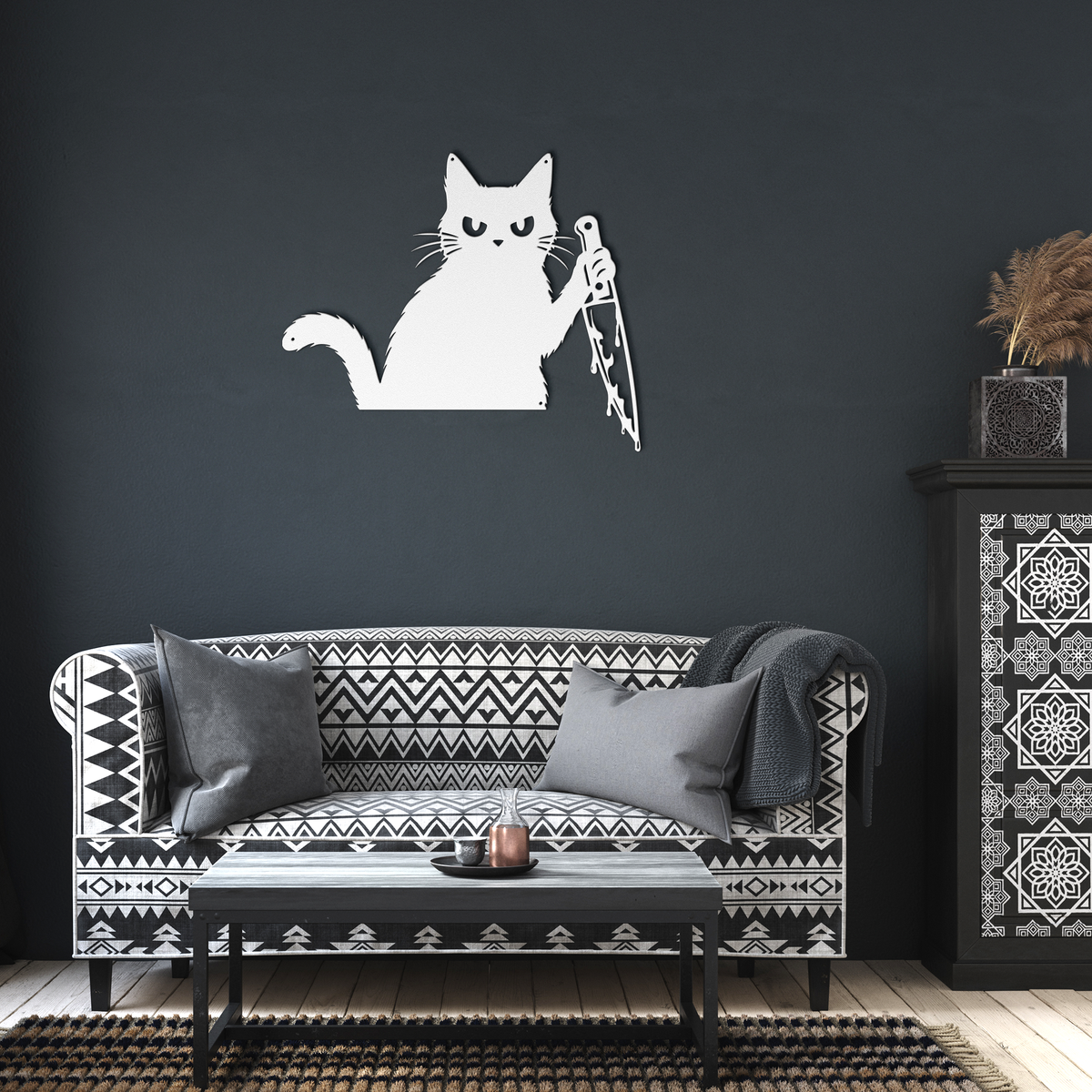 White funny halloween cat with knife metal wall art in a living room — grumpy black cat wall decor