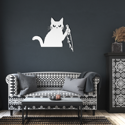 White funny halloween cat with knife metal wall art in a living room — grumpy black cat wall decor