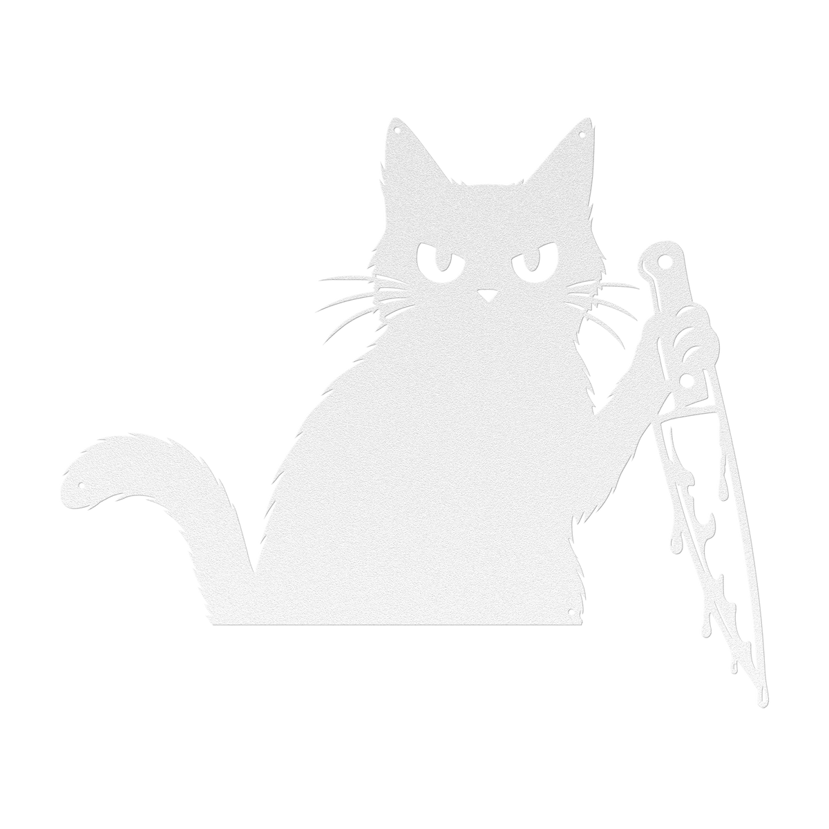Funny Halloween cat with knife metal wall art in white — grumpy black cat steel wall decor