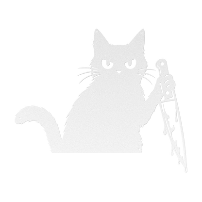 Funny Halloween cat with knife metal wall art in white — grumpy black cat steel wall decor