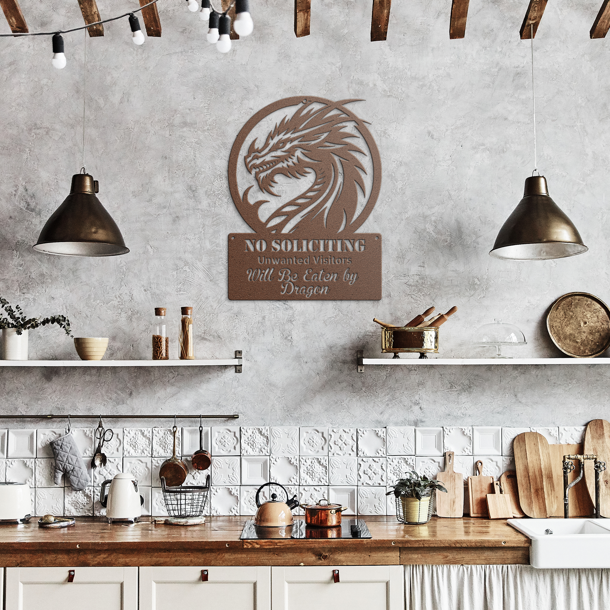 Funny_No_Soliciting_Sign__Dragon_Will_E_Copper_Rustic_Kitchen_Mockup.png