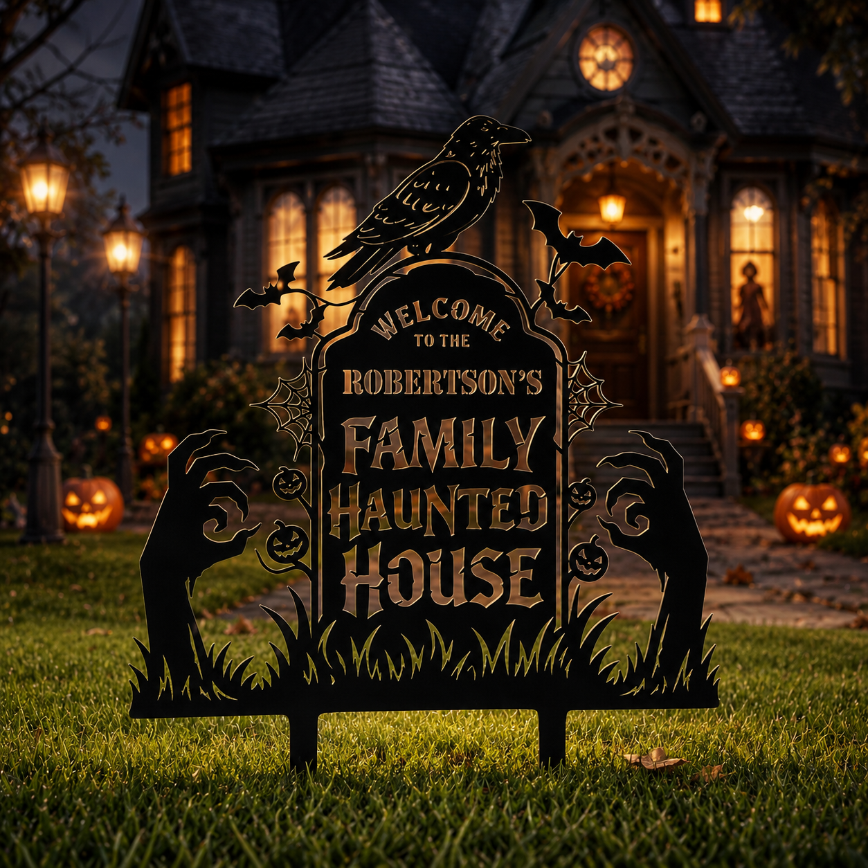 Personalized gothic haunted house metal yard sign — custom Halloween family name