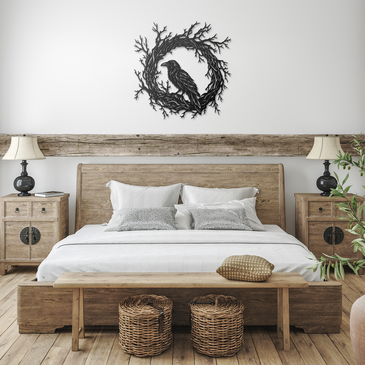 Black gothic raven branch wreath metal wall art in a farmhouse room — gothic steel wall decor