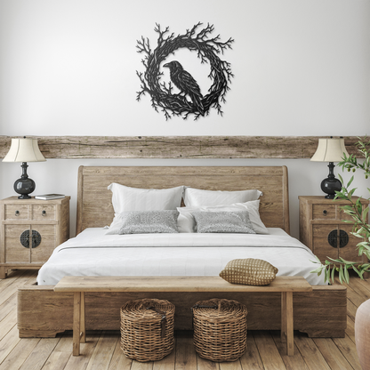 Black gothic raven branch wreath metal wall art in a farmhouse room — gothic steel wall decor