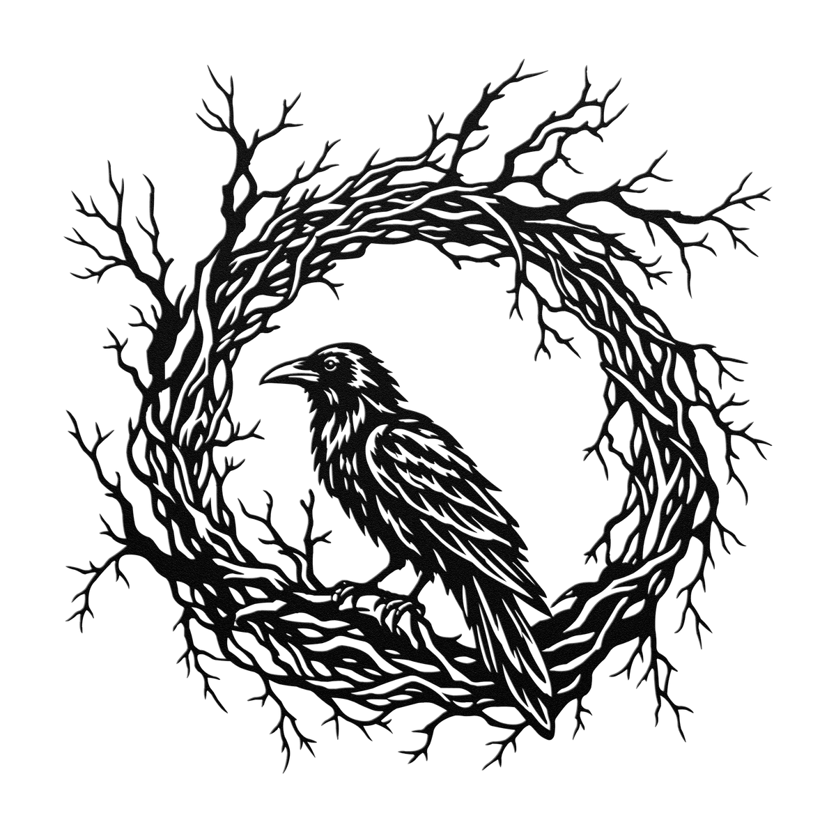 Gothic raven branch wreath metal wall art in black — dark botanical steel wall decor