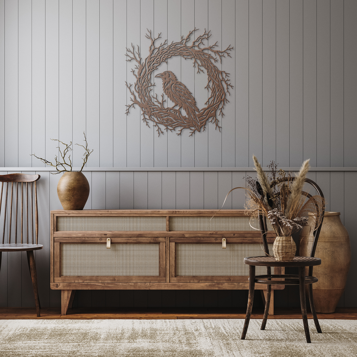 Copper gothic raven branch wreath metal wall art in a rustic hallway — gothic steel wall decor