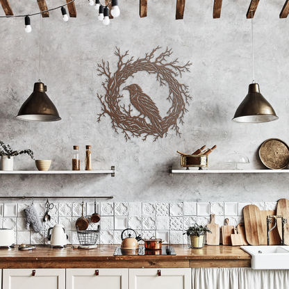 Copper gothic raven branch wreath metal wall art in a rustic kitchen — gothic steel wall decor