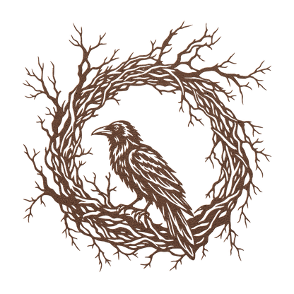 Gothic raven branch wreath metal wall art in copper — dark botanical steel wall decor
