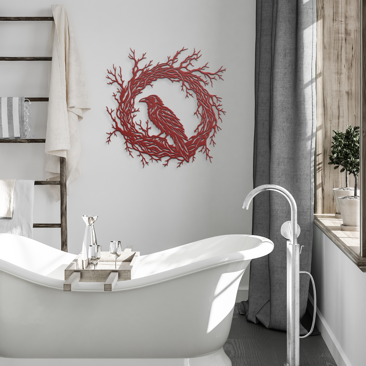 Red gothic raven branch wreath metal wall art in a modern room — gothic steel wall decor