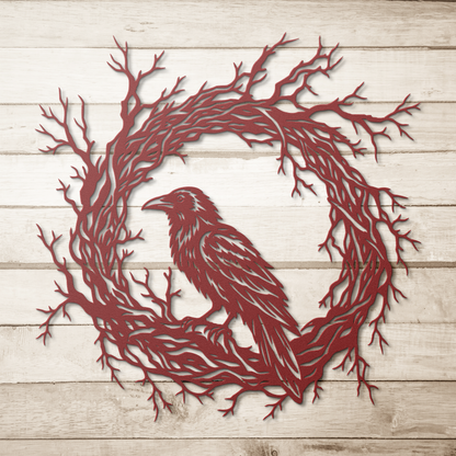 Red gothic raven branch wreath metal wall art on a wood background — gothic steel wall decor