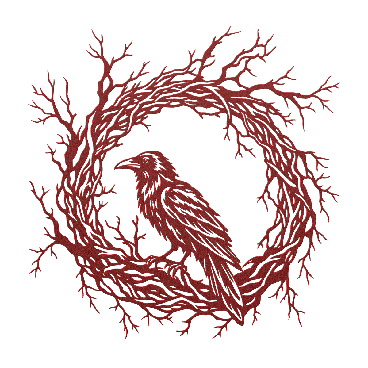 Gothic raven branch wreath metal wall art in red — dark botanical steel wall decor