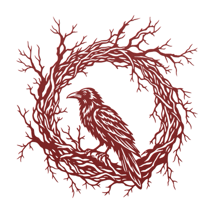Gothic raven branch wreath metal wall art in red — dark botanical steel wall decor