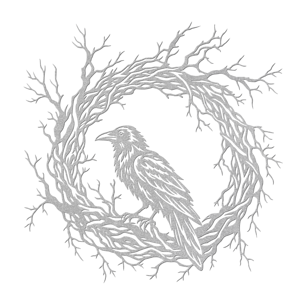 Gothic raven branch wreath metal wall art in silver — dark botanical steel wall decor