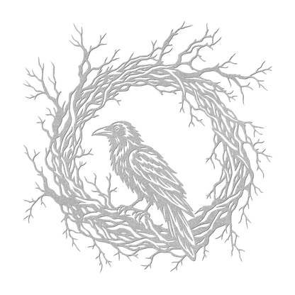 Gothic raven branch wreath metal wall art in silver — dark botanical steel wall decor