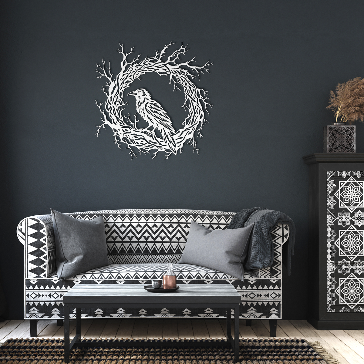 White gothic raven branch wreath metal wall art in a living room — gothic steel wall decor