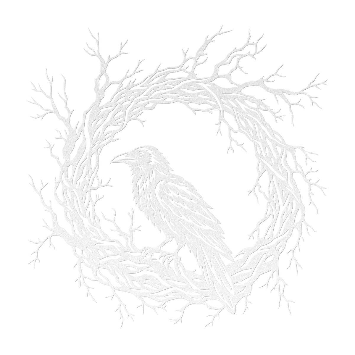 Gothic raven branch wreath metal wall art in white — dark botanical steel wall decor