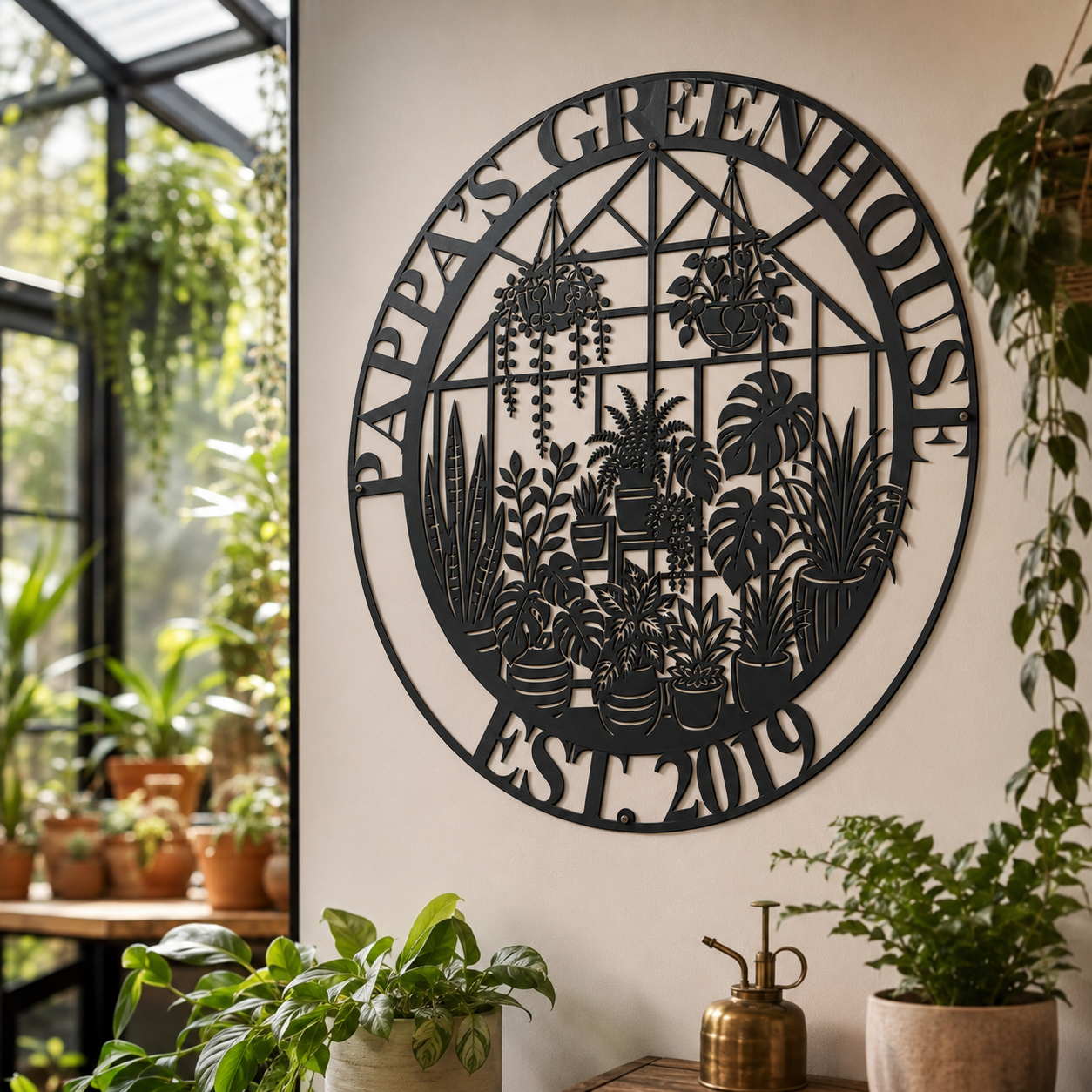 Custom greenhouse metal sign in black — personalized plant lover wall art with name