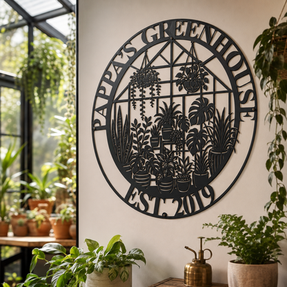 Custom greenhouse metal sign in black — personalized plant lover wall art with name