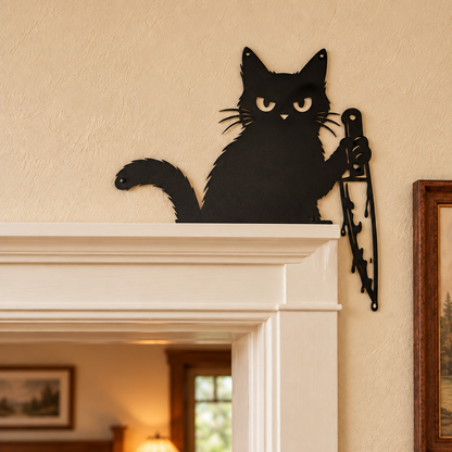 Funny Halloween cat with knife metal wall art in a doorway — grumpy black cat steel decor