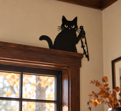 Funny Halloween cat with knife metal wall art in a window — grumpy black cat Halloween sign