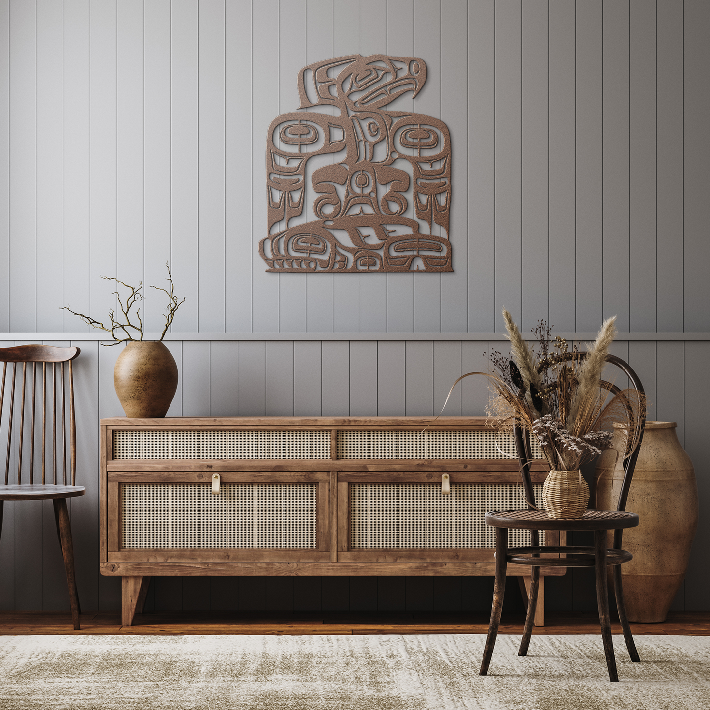 Haida_Thunderbird_and_Whale_Metal_Wall_A_Copper_Rustic_Hallway_Mockup.png