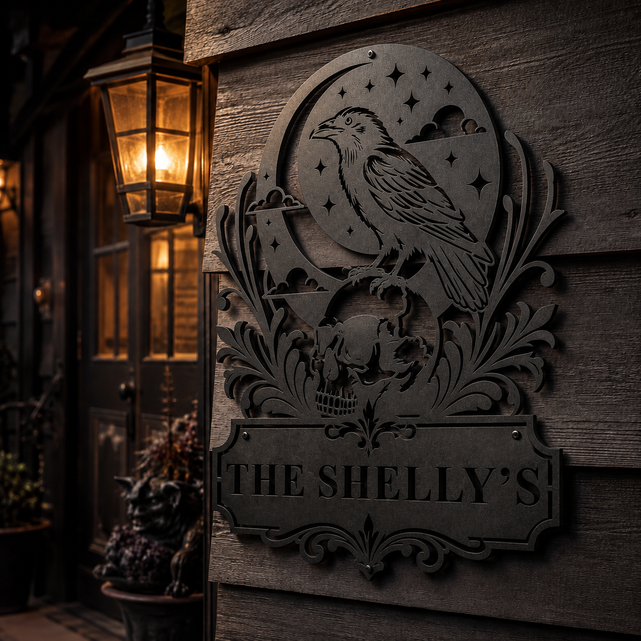 Personalized raven skull gothic metal sign — custom Halloween family name in plasma-cut steel