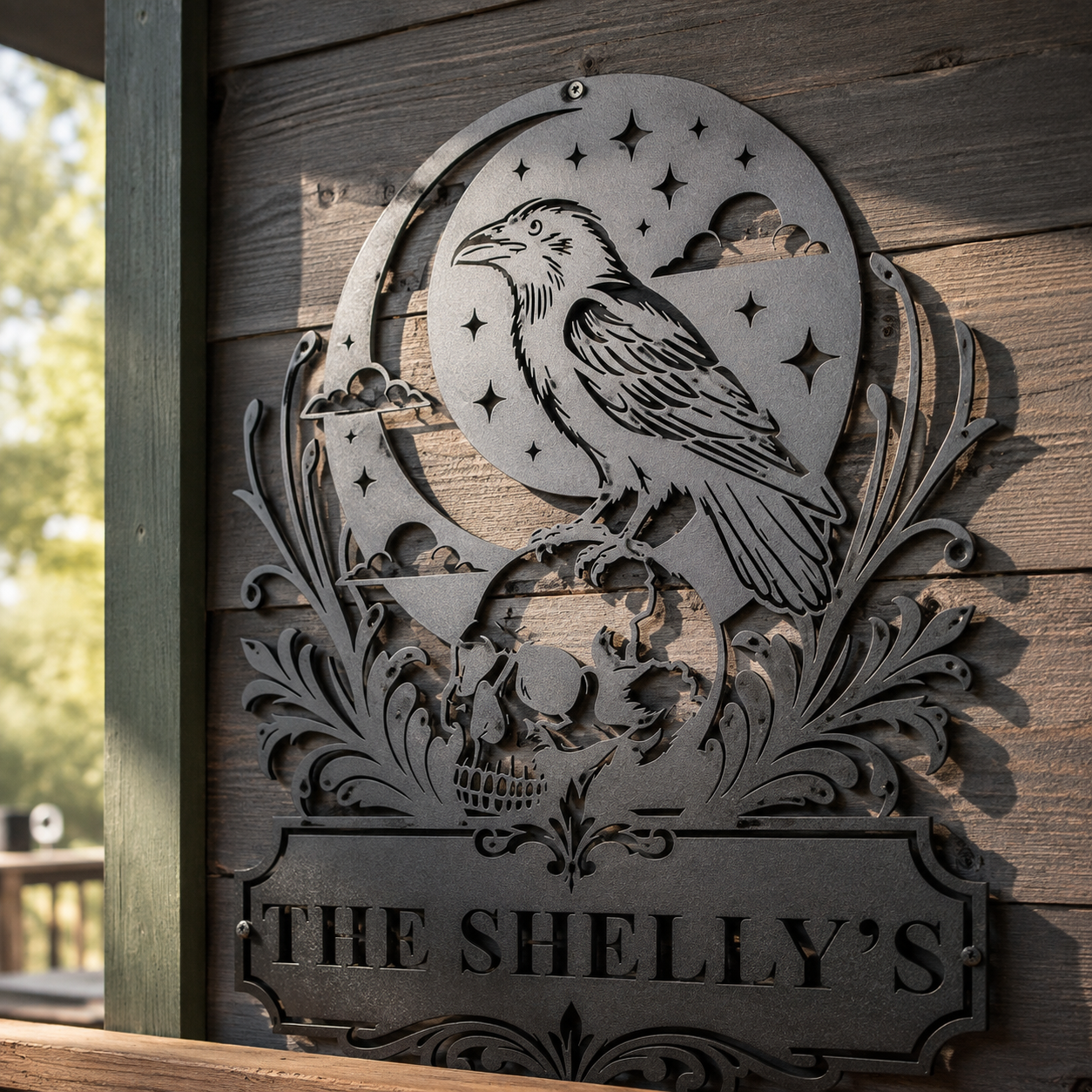 Custom Halloween family sign — personalized raven skull gothic metal wall art with name