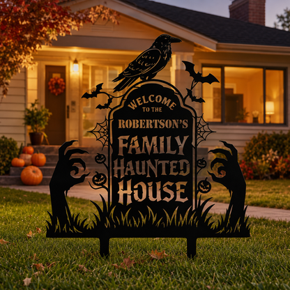 Custom haunted house yard stake — personalized Halloween family name in plasma-cut steel