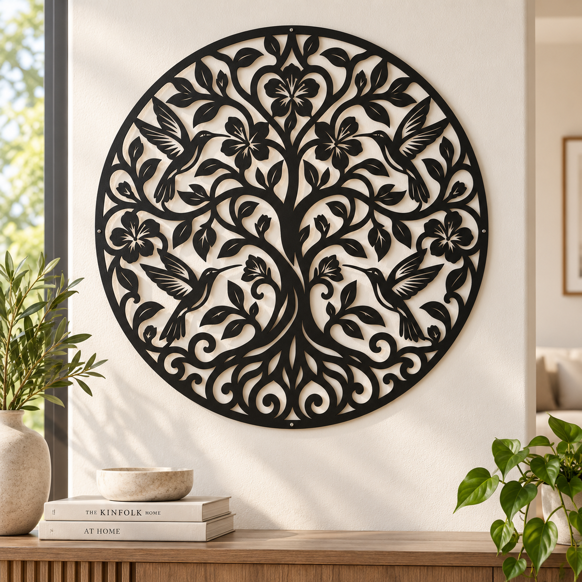Hummingbird tree of life metal wall art in black — floral botanical circle plasma-cut steel decor