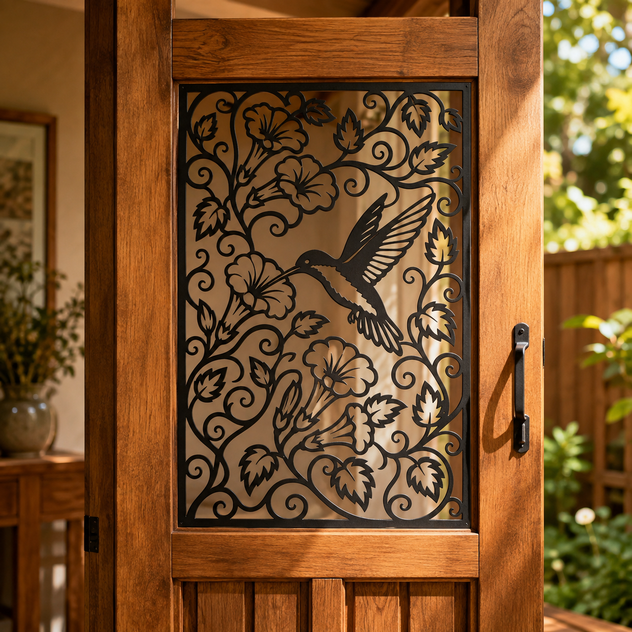 Hummingbird trumpet flower metal wall art in black — intricate botanical garden panel