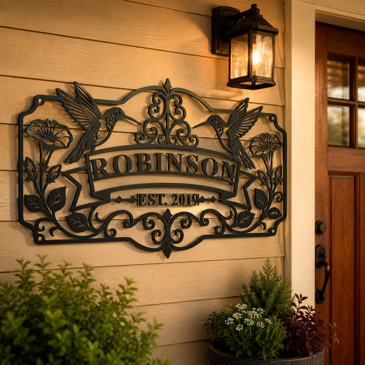 Custom hummingbird family name metal sign on porch — personalized wall art with name