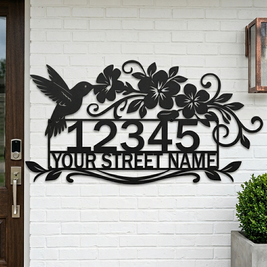 Hummingbird floral metal address sign in black showing custom house number