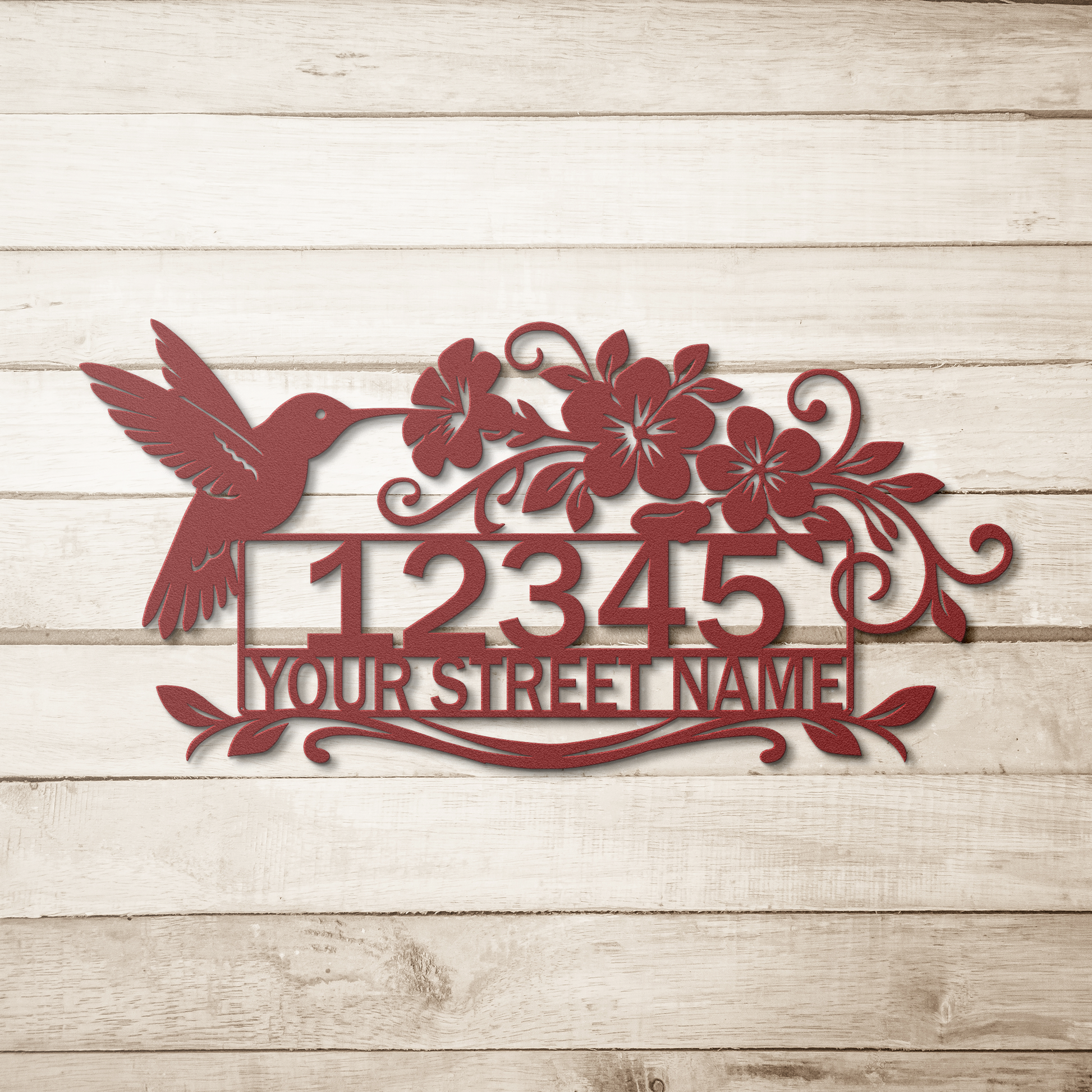 Hummingbird metal address sign in copper finish with street number