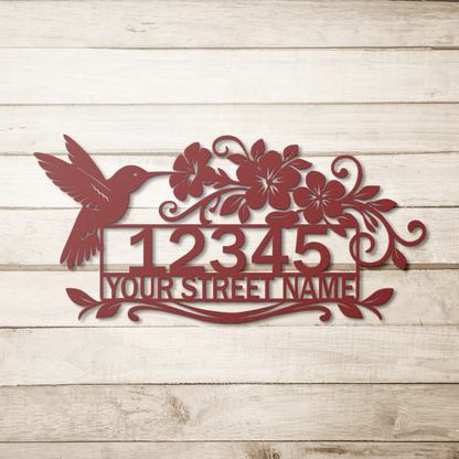 Hummingbird metal address sign in copper finish with street number