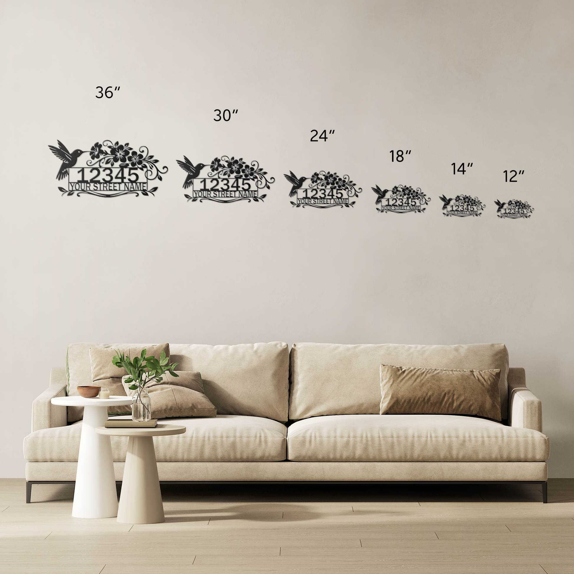 Hummingbird garden address sign size comparison 12 to 36 inch