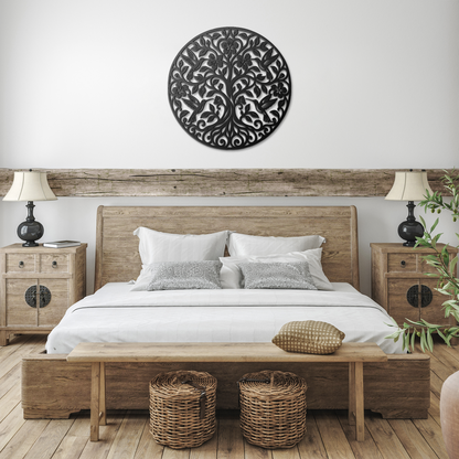 Black hummingbird tree of life metal wall art in a farmhouse room — steel wall decor