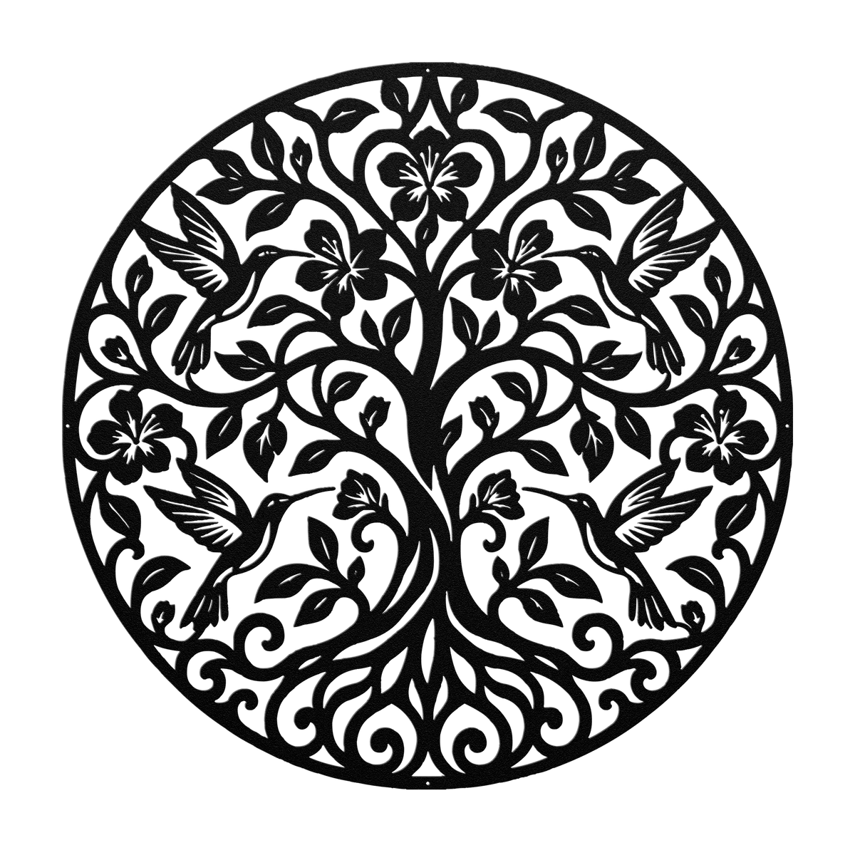Hummingbird tree of life metal wall art in black — floral botanical circle steel wall decor