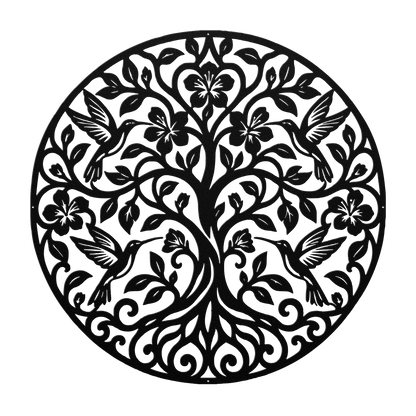 Hummingbird tree of life metal wall art in black — floral botanical circle steel wall decor