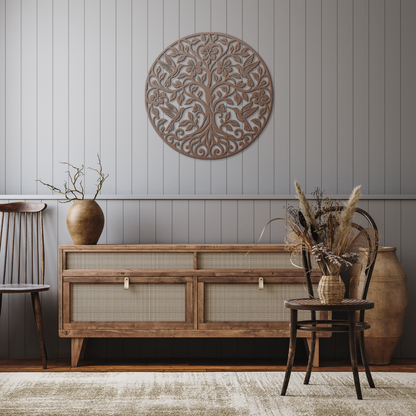 Copper hummingbird tree of life metal wall art in a rustic kitchen — steel wall decor