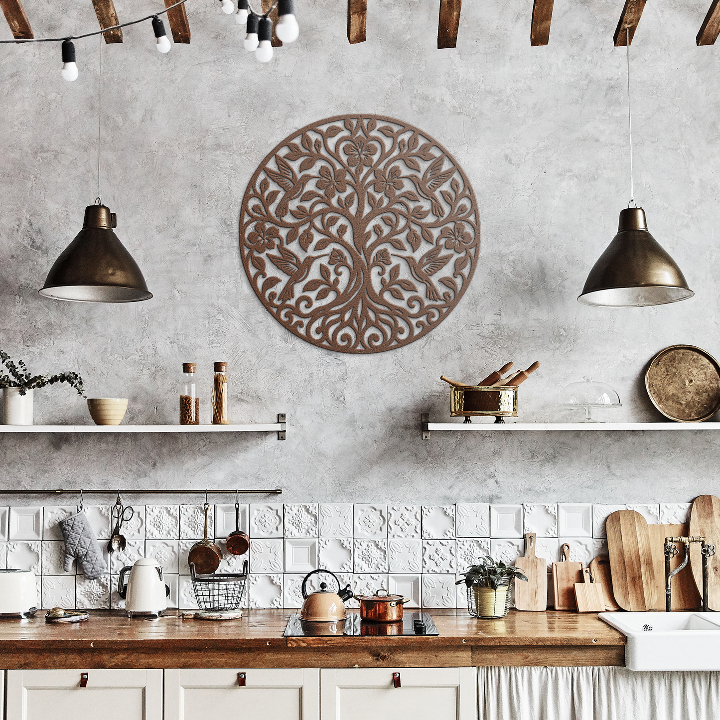 Copper hummingbird tree of life metal wall art in a rustic hallway — steel wall decor